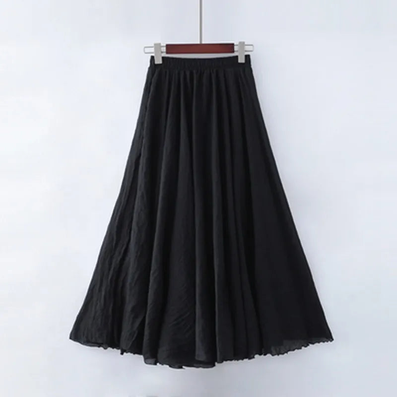 Cotton Linen Maxi Skirt Women Elastic High Waist Pleated A-Line Beach Skirts Boho-Dollar Bargains Online Shopping Australia