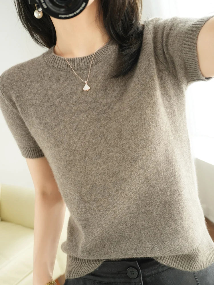 Short-sleeved Knitwear Women O-neck T-shirt Wool Cotton Blend Pullover Vest Sprig Summer Bottoming Tops Sweater Solid Soft-Dollar Bargains Online Shopping Australia