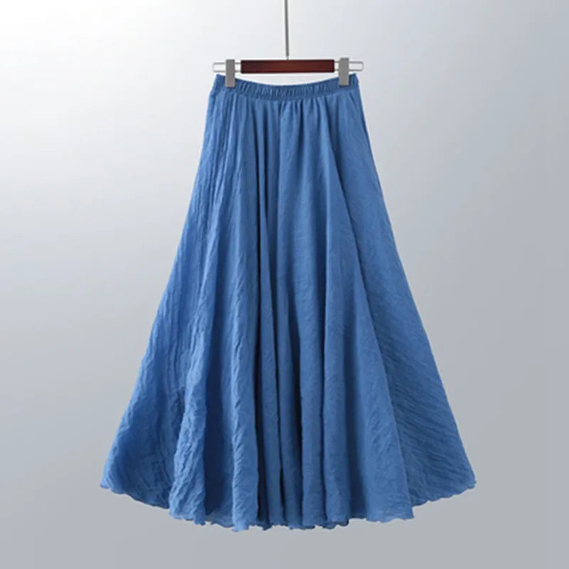 Cotton Linen Maxi Skirt Women Elastic High Waist Pleated A-Line Beach Skirts Boho-Dollar Bargains Online Shopping Australia