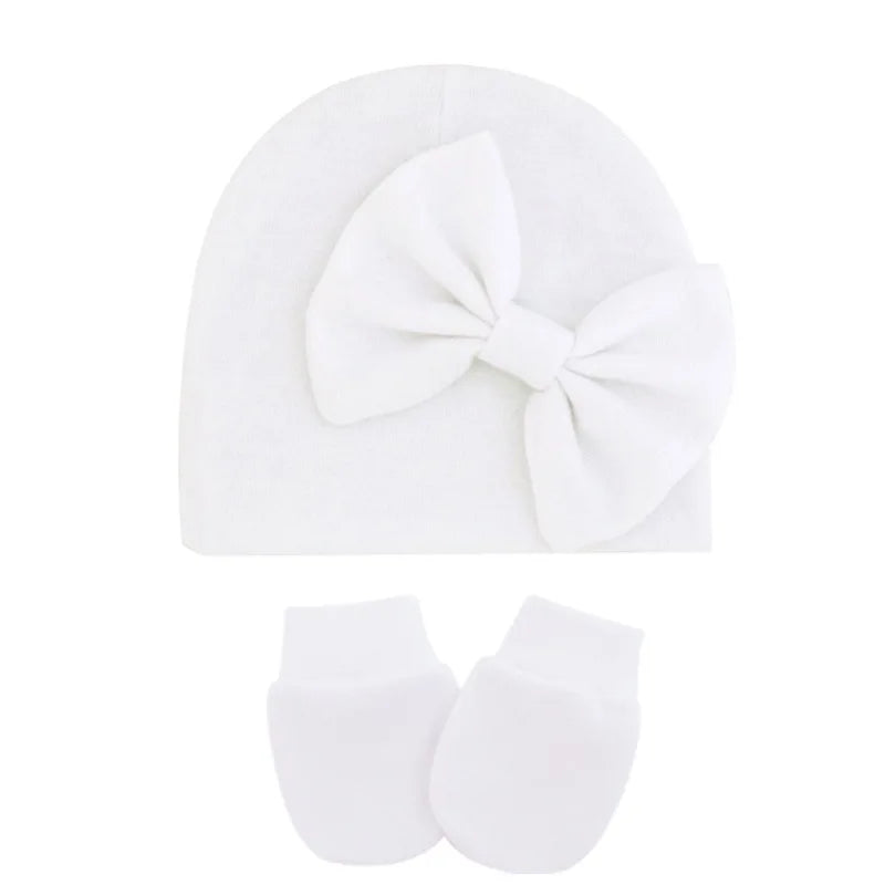 Infant Comfortable Warm Knitting Hat and Glove Set Solid Color Bows Newborn Cap Baby Anti-eat Hand Anti-Grab Face Protect Mitten-Dollar Bargains Online Shopping Australia