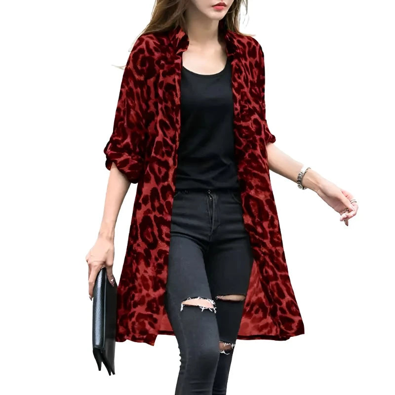 Leopard Cardigans Women's Summer Blouses Long Kimono Cape Female Lapel Tunic