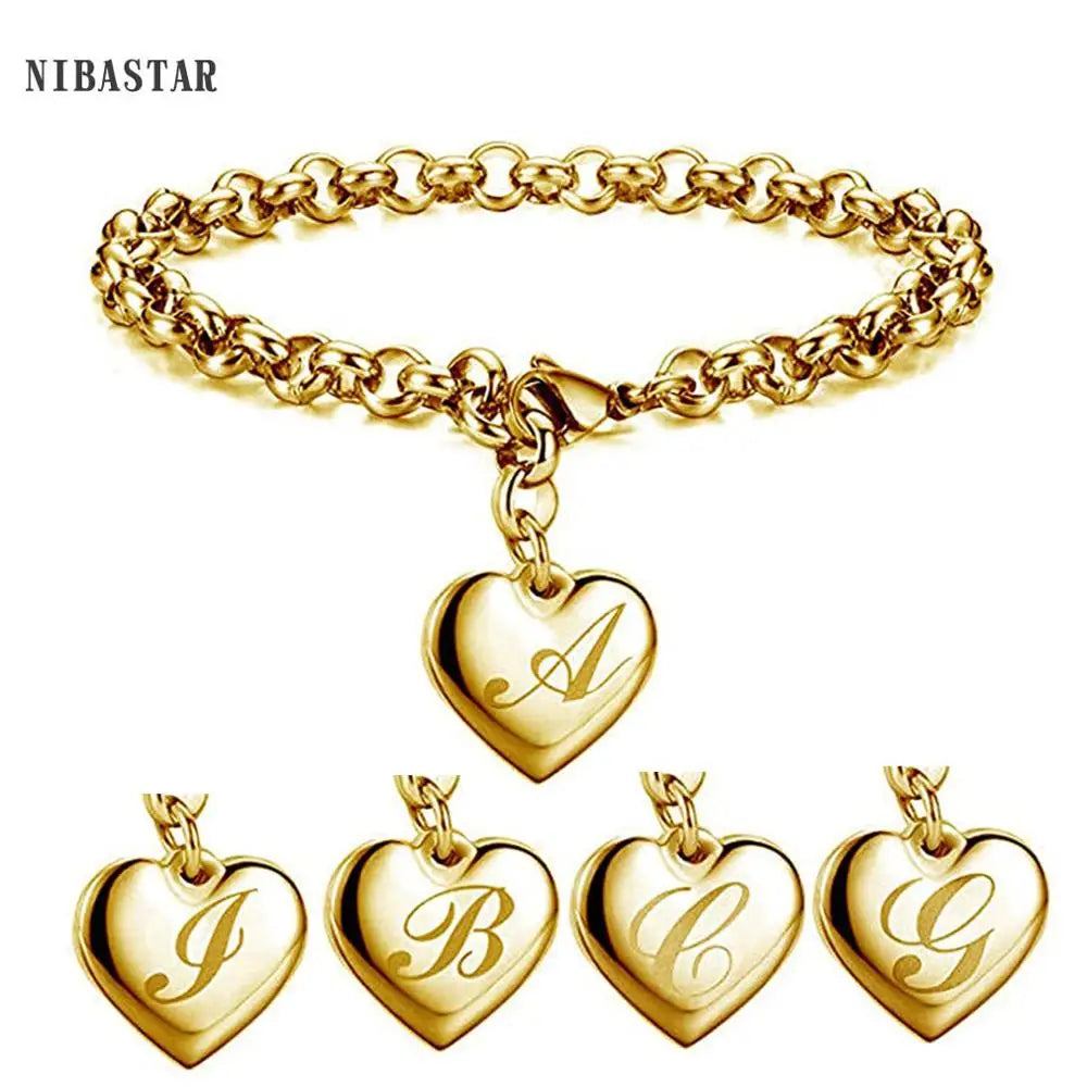 Initial Charm Gold-Color Bracelets Stainless Steel Heart 26 Letters Alphabet Bracelet for Women Girls Kids Gifts-Dollar Bargains Online Shopping Australia