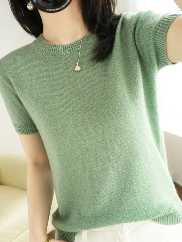 Short-sleeved Knitwear Women O-neck T-shirt Wool Cotton Blend Pullover Vest Sprig Summer Bottoming Tops Sweater Solid Soft-Dollar Bargains Online Shopping Australia