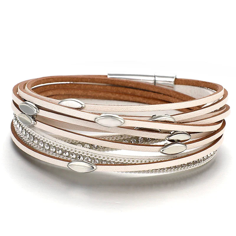 Leaf Charm Pink Leather Bracelets for Women Men Crystal Chain Boho Multilayer Wrap Bracelet Femme Jewelry-Dollar Bargains Online Shopping Australia