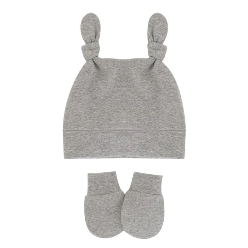 Baby Cute Top Knot Rabbit Ears Beanies Hospital Hat and Mittens Set Newborn Infant Solid Color Stretchy Warm-Dollar Bargains Online Shopping Australia