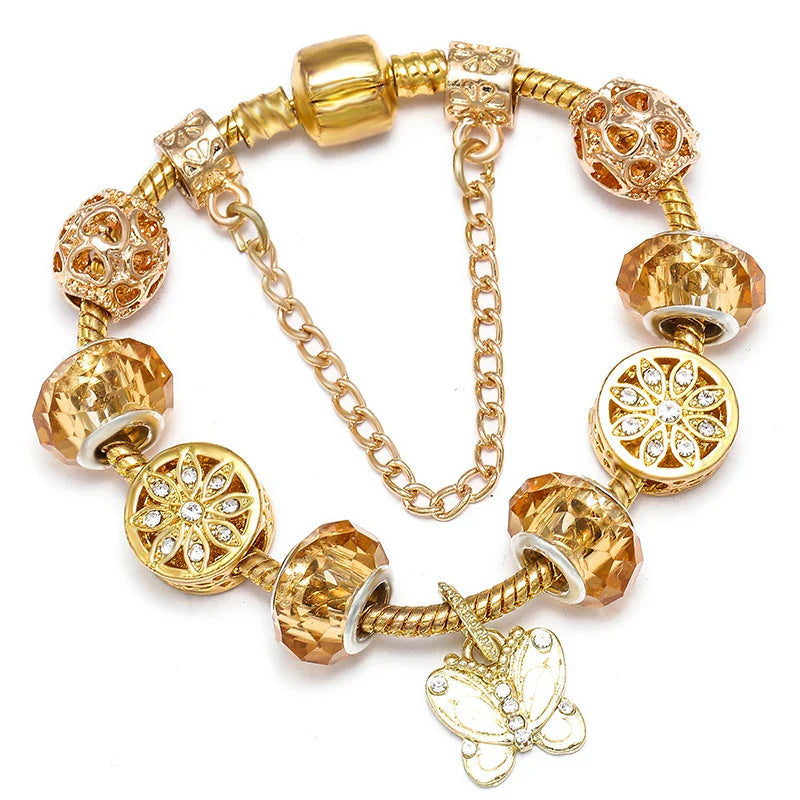 Luxury Crystal Bees Gold Color Charm Bracelet For Girl Murano Glass Beads Fine Bracelet For Women Couple DIY Jewelry Gift-Dollar Bargains Online Shopping Australia