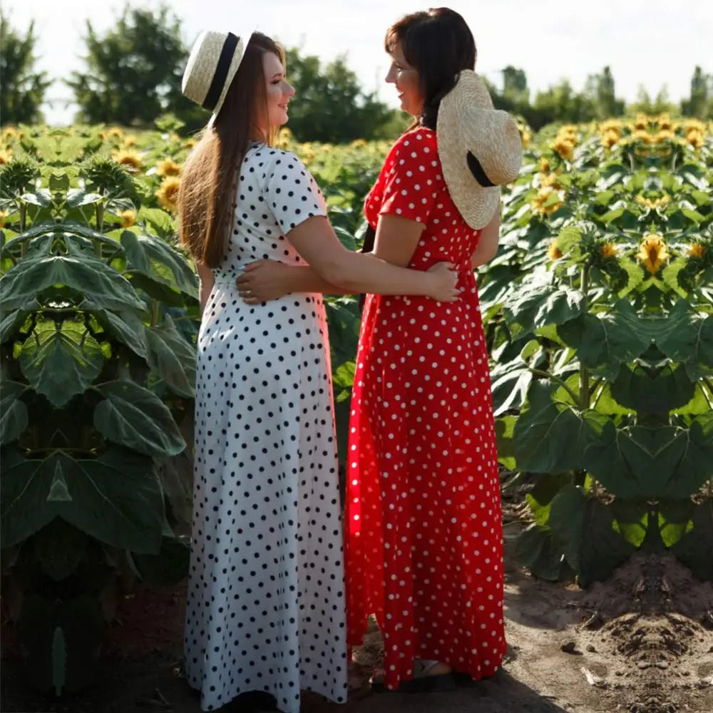 Boho Polka Dot Long Dresses Women Split Short Sleeve Summer Casual Dress Maxi Dress-Dollar Bargains Online Shopping Australia