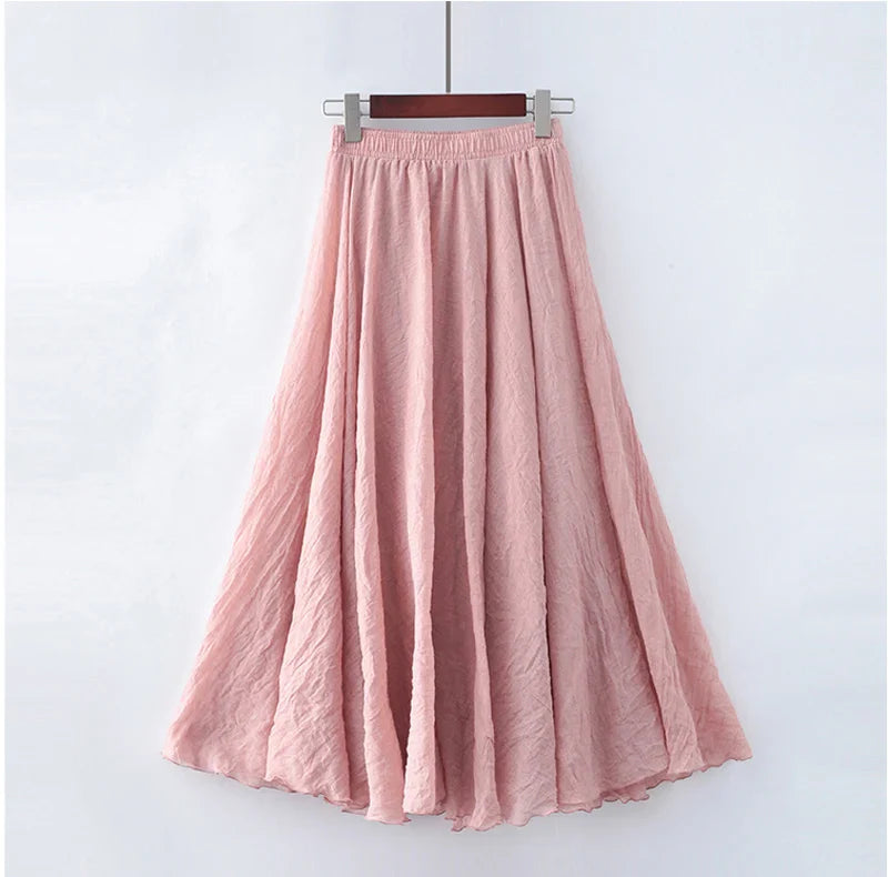 Cotton Linen Maxi Skirt Women Elastic High Waist Pleated A-Line Beach Skirts Boho-Dollar Bargains Online Shopping Australia