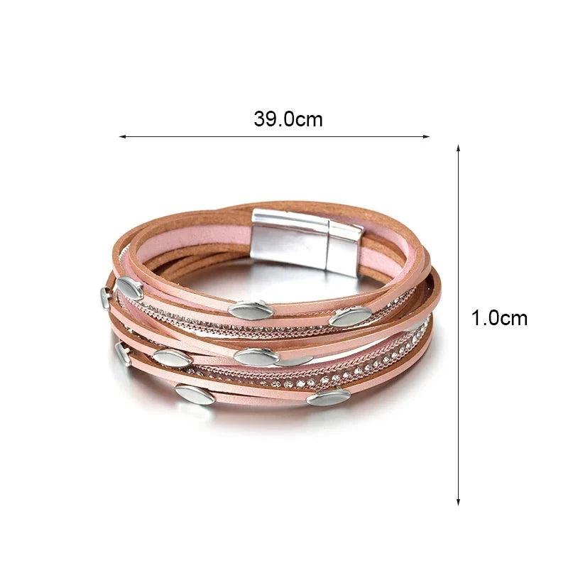 Leaf Charm Pink Leather Bracelets for Women Men Crystal Chain Boho Multilayer Wrap Bracelet Femme Jewelry-Dollar Bargains Online Shopping Australia