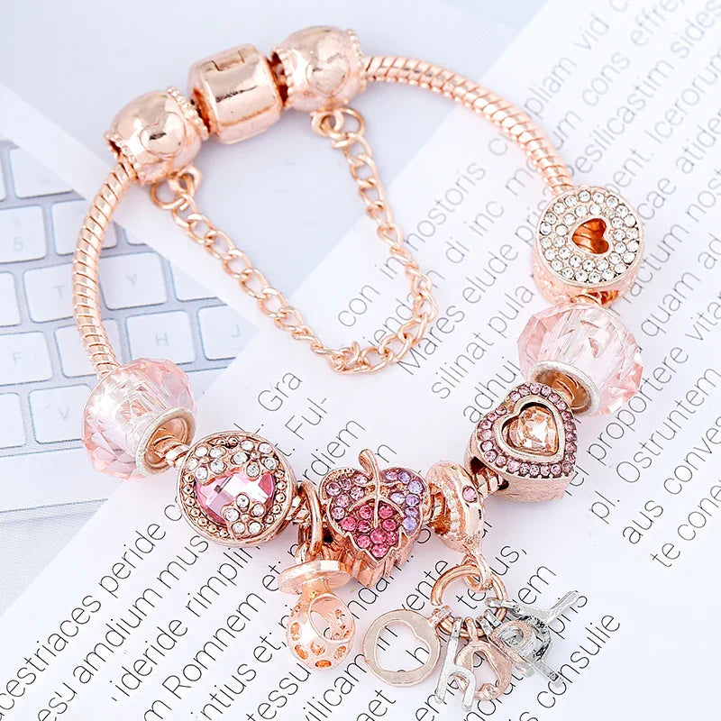 Rose Gold HAPPY Pendant Charm Bracelets Bangles Women Silver Plated Bracelet Handmade Jewelry Crystal-Dollar Bargains Online Shopping Australia