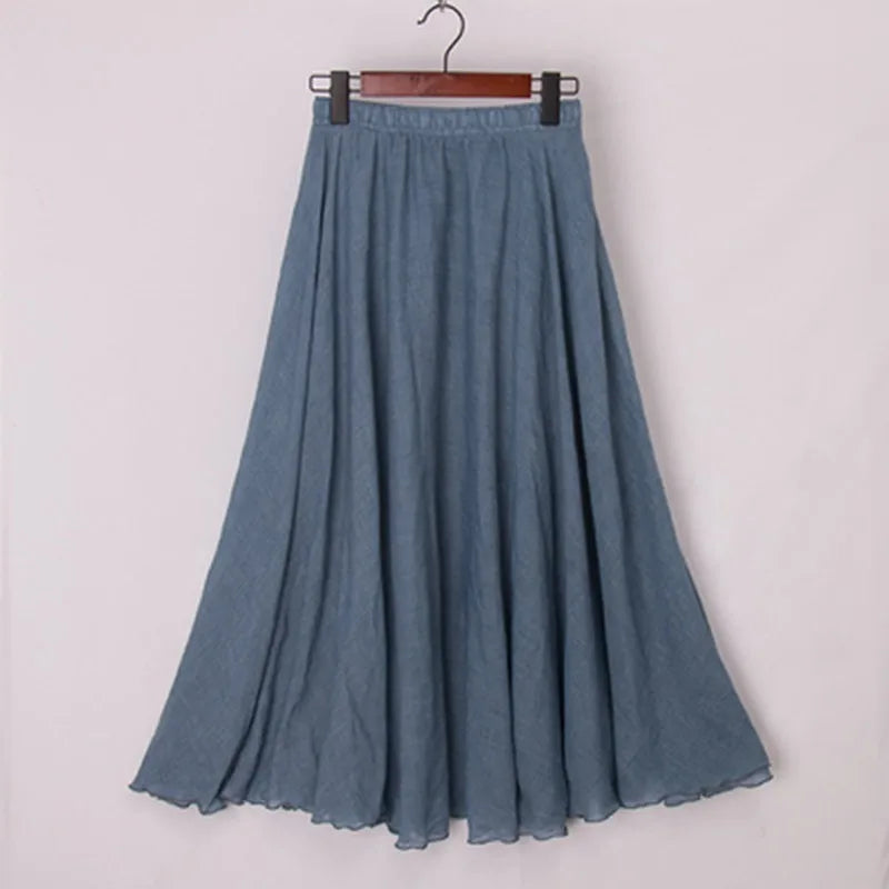 Cotton Linen Maxi Skirt Women Elastic High Waist Pleated A-Line Beach Skirts Boho-Dollar Bargains Online Shopping Australia