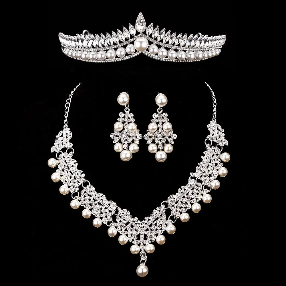 Bride Crystal Pearl Costume jewelery sets Rhinestone Choker Necklace Earrings Tiara Bridal Women Wedding Jewelry Set-Dollar Bargains Online Shopping Australia