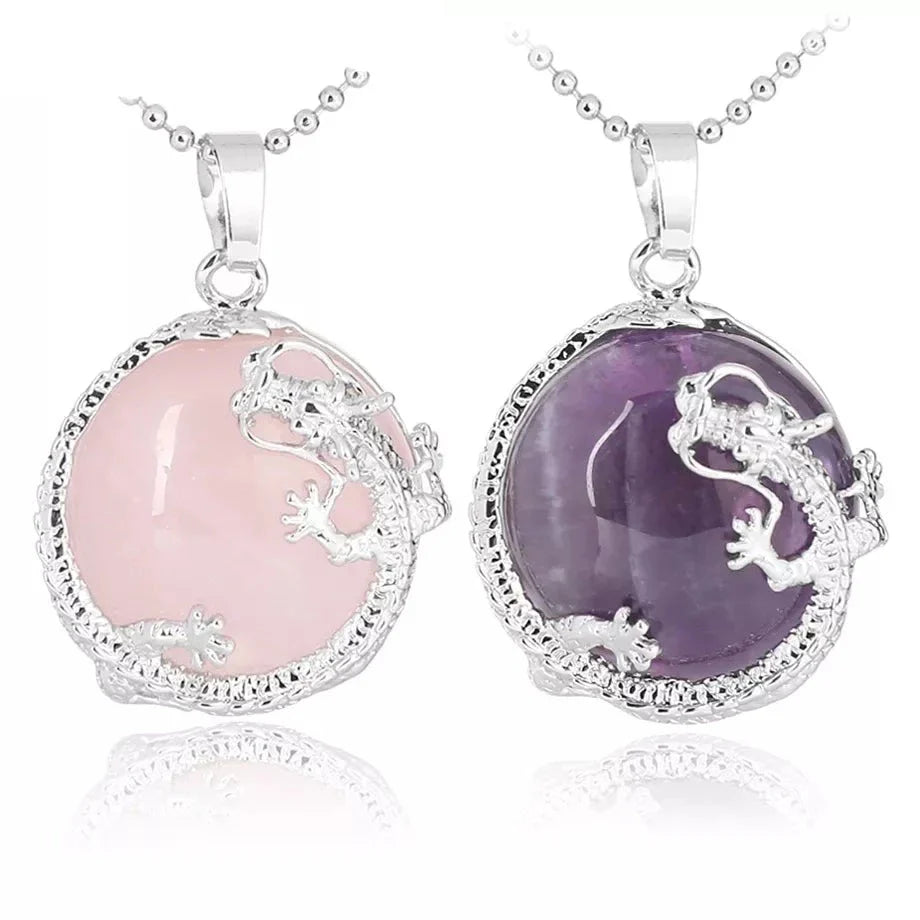 Necklace Dragon Pendants Women Natural Stone Purple Crystal Pink Quartz Tiger Eye Lava Rock Flat Round Beads-Dollar Bargains Online Shopping Australia