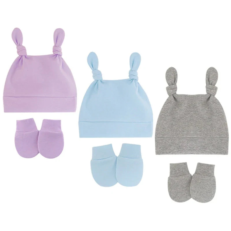 Baby Cute Top Knot Rabbit Ears Beanies Hospital Hat and Mittens Set Newborn Infant Solid Color Stretchy Warm-Dollar Bargains Online Shopping Australia