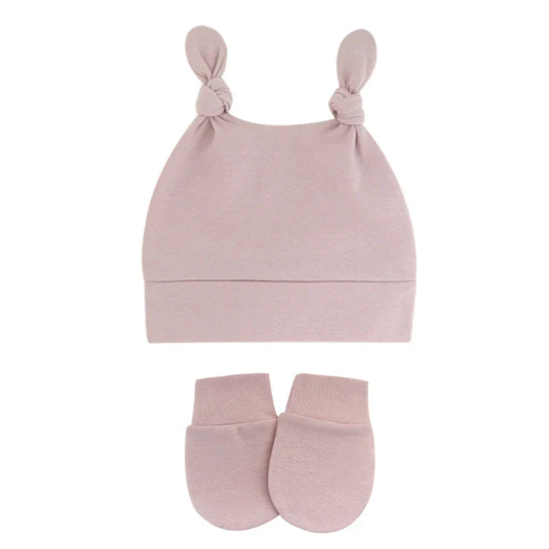 Baby Cute Top Knot Rabbit Ears Beanies Hospital Hat and Mittens Set Newborn Infant Solid Color Stretchy Warm-Dollar Bargains Online Shopping Australia