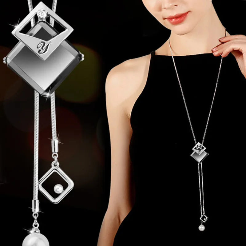 Long Necklaces & Pendants Fashion Geometric Crystal Statement Necklace For Women Collier Femme Pearl Choker-Dollar Bargains Online Shopping Australia