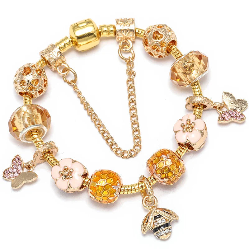 Luxury Crystal Bees Gold Color Charm Bracelet For Girl Murano Glass Beads Fine Bracelet For Women Couple DIY Jewelry Gift-Dollar Bargains Online Shopping Australia