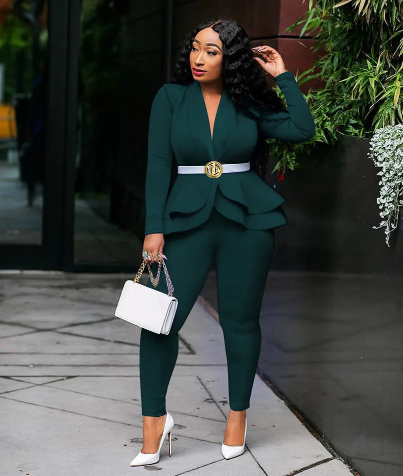 Winter Women's Set Tracksuit Full Sleeve Ruffles Blazers Pencil Pants Suit Two Piece Set Office Lady Outfits Uniform-Dollar Bargains Online Shopping Australia