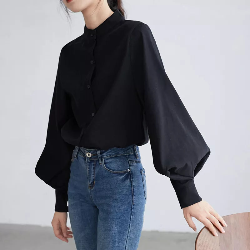 Big Lantern Sleeve Blouse Women Autumn Winter Single Breasted Stand Collar Shirts Office Work Blouse Solid Vintage Blouse Shirts-Dollar Bargains Online Shopping Australia