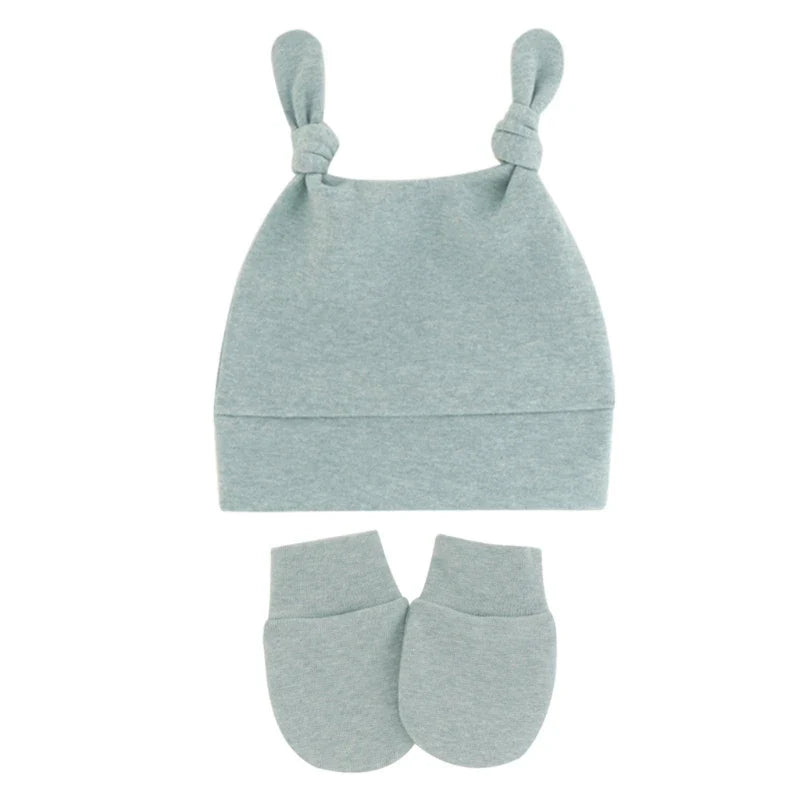 Baby Cute Top Knot Rabbit Ears Beanies Hospital Hat and Mittens Set Newborn Infant Solid Color Stretchy Warm-Dollar Bargains Online Shopping Australia