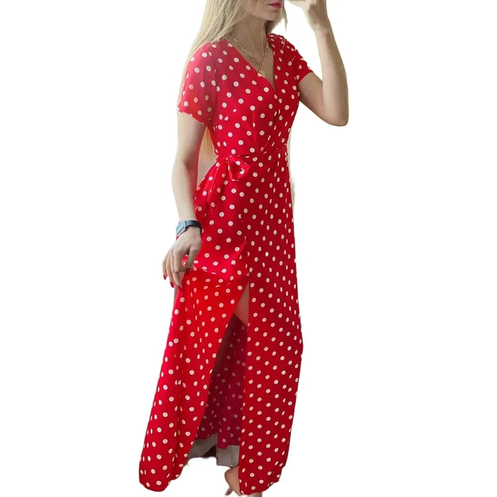 Boho Polka Dot Long Dresses Women Split Short Sleeve Summer Casual Dress Maxi Dress-Dollar Bargains Online Shopping Australia