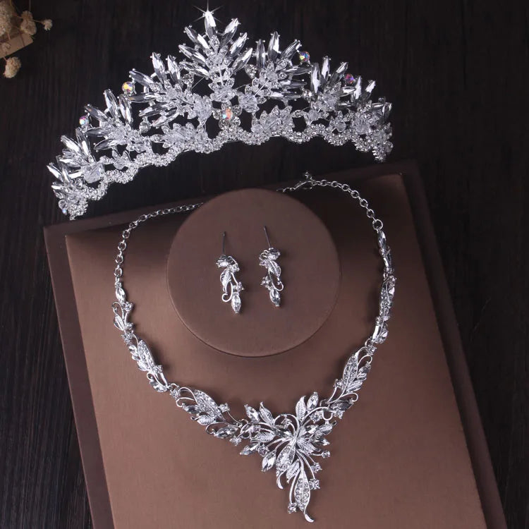 Silver Color Crystal Bridal Jewelry Sets Fashion Tiaras Crown Earrings Choker Necklace Women Wedding Dress Jewelry Set-Dollar Bargains Online Shopping Australia