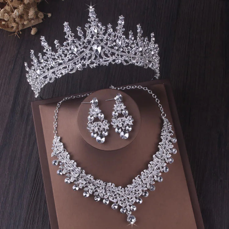 Silver Color Crystal Bridal Jewelry Sets Fashion Tiaras Crown Earrings Choker Necklace Women Wedding Dress Jewelry Set-Dollar Bargains Online Shopping Australia