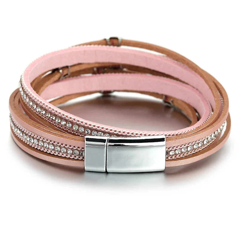 Leaf Charm Pink Leather Bracelets for Women Men Crystal Chain Boho Multilayer Wrap Bracelet Femme Jewelry-Dollar Bargains Online Shopping Australia