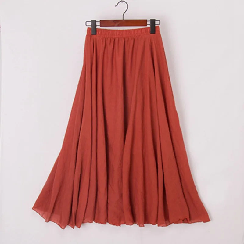 Cotton Linen Maxi Skirt Women Elastic High Waist Pleated A-Line Beach Skirts Boho-Dollar Bargains Online Shopping Australia