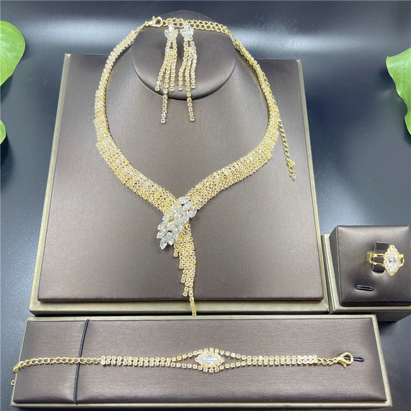 4 pcs Vintage Elegant Rhinestone Crystal Wedding Bridal Jewelry Set Europe Necklace Earring Bracelet Ring Costume Accessories-Dollar Bargains Online Shopping Australia