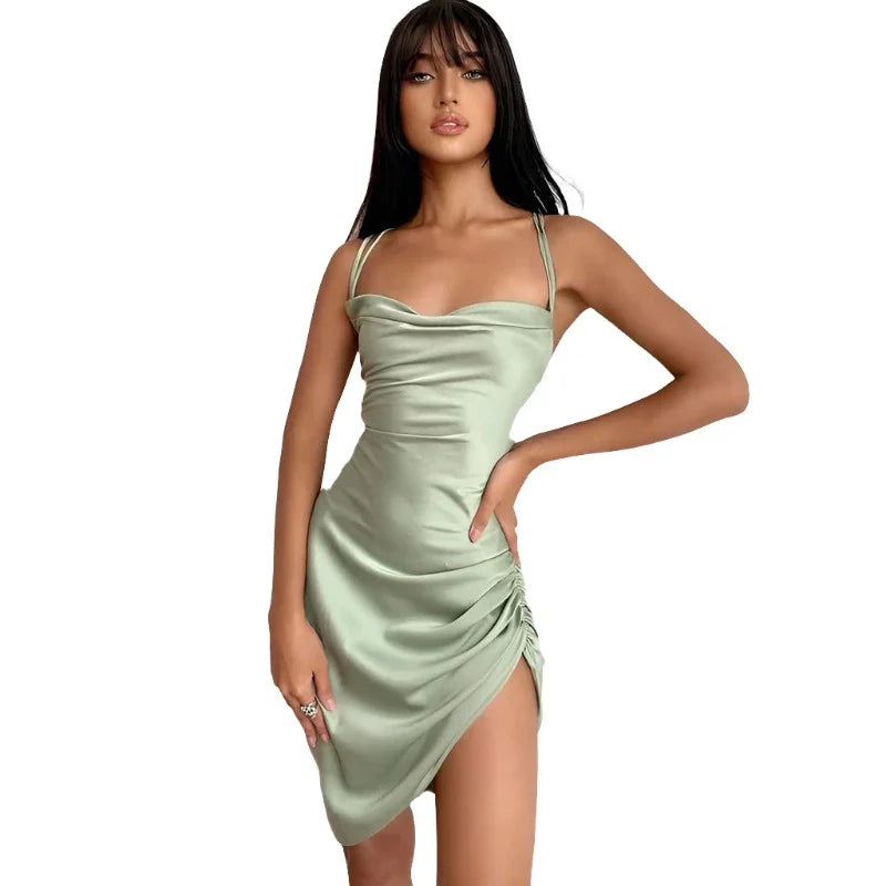 Satin Women Strap Mini Dress Ruched Lace Up Cross Bandage Backless Bodycon Sexy Party Elegant-Dollar Bargains Online Shopping Australia