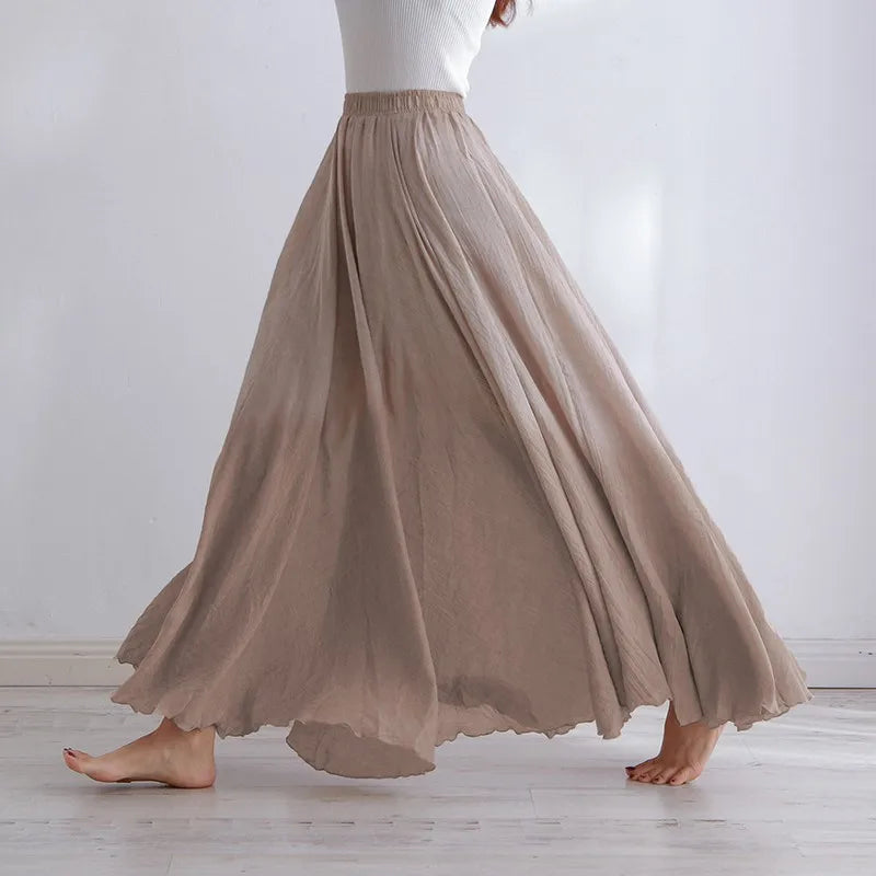 Cotton Linen Maxi Skirt Women Elastic High Waist Pleated A-Line Beach Skirts Boho-Dollar Bargains Online Shopping Australia