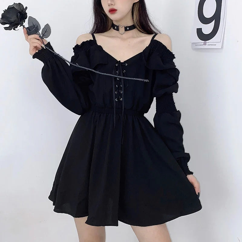 Women Dress Lace Up High Waist Femme Dresses Off Shoulder Long Sleeve Gothic Clothes-Dollar Bargains Online Shopping Australia