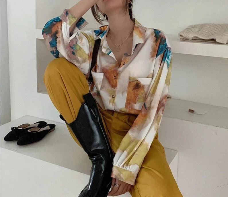 Oversized Shirt Long Sleeve Blouse Women Button Up Oil Painting Loose Top Korean Fashion Clothing-Dollar Bargains Online Shopping Australia