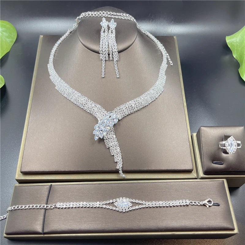 4 pcs Vintage Elegant Rhinestone Crystal Wedding Bridal Jewelry Set Europe Necklace Earring Bracelet Ring Costume Accessories-Dollar Bargains Online Shopping Australia