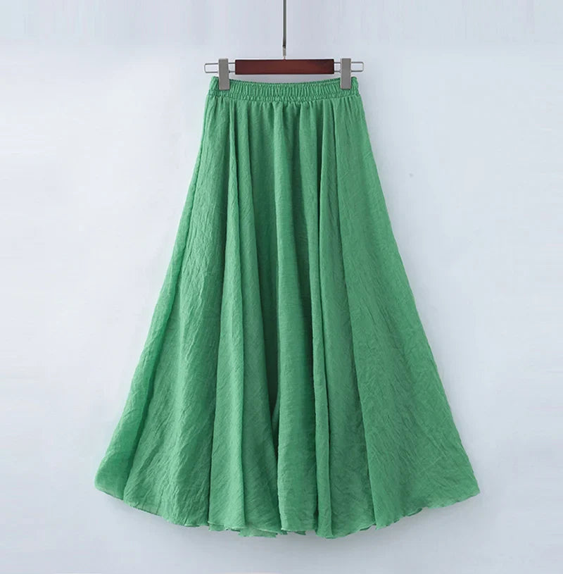 Cotton Linen Maxi Skirt Women Elastic High Waist Pleated A-Line Beach Skirts Boho-Dollar Bargains Online Shopping Australia