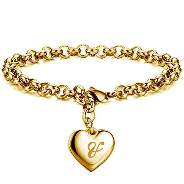 Initial Charm Gold-Color Bracelets Stainless Steel Heart 26 Letters Alphabet Bracelet for Women Girls Kids Gifts-Dollar Bargains Online Shopping Australia