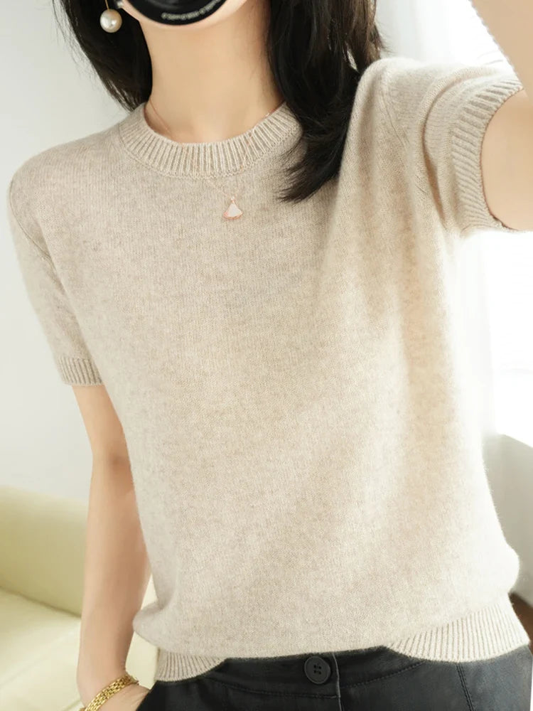 Short-sleeved Knitwear Women O-neck T-shirt Wool Cotton Blend Pullover Vest Sprig Summer Bottoming Tops Sweater Solid Soft-Dollar Bargains Online Shopping Australia