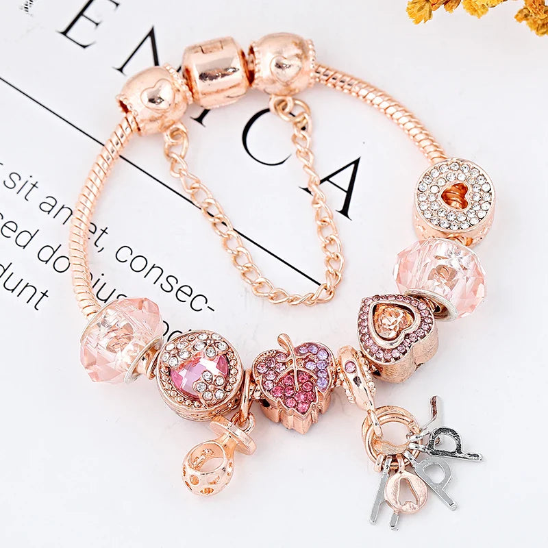 Rose Gold HAPPY Pendant Charm Bracelets Bangles Women Silver Plated Bracelet Handmade Jewelry Crystal-Dollar Bargains Online Shopping Australia