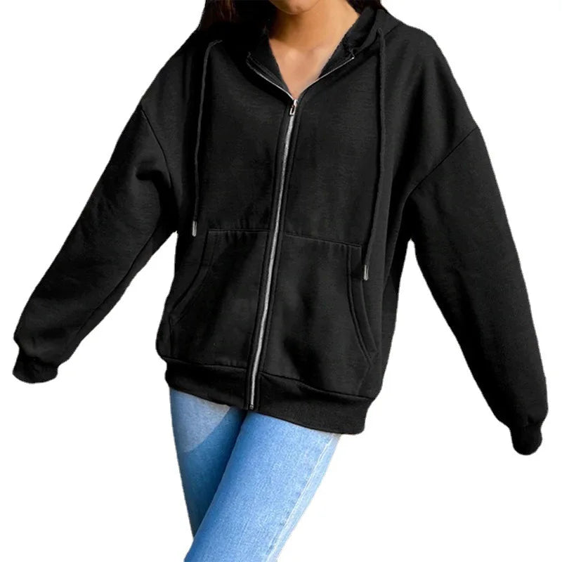 Fleece Hoodie Hooded Sweatshirts Long Sleeve Top Drawstring Pockets Loose Zipper Black Hoodies-Dollar Bargains Online Shopping Australia