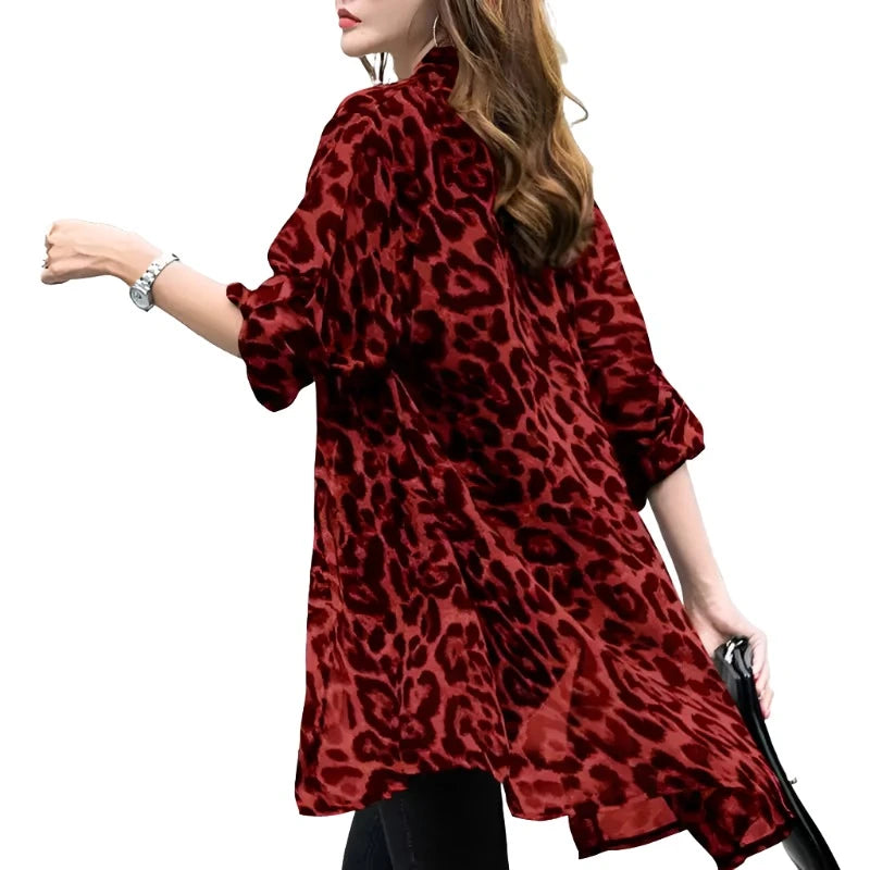 Leopard Cardigans Women's Summer Blouses Long Kimono Cape Female Lapel Tunic