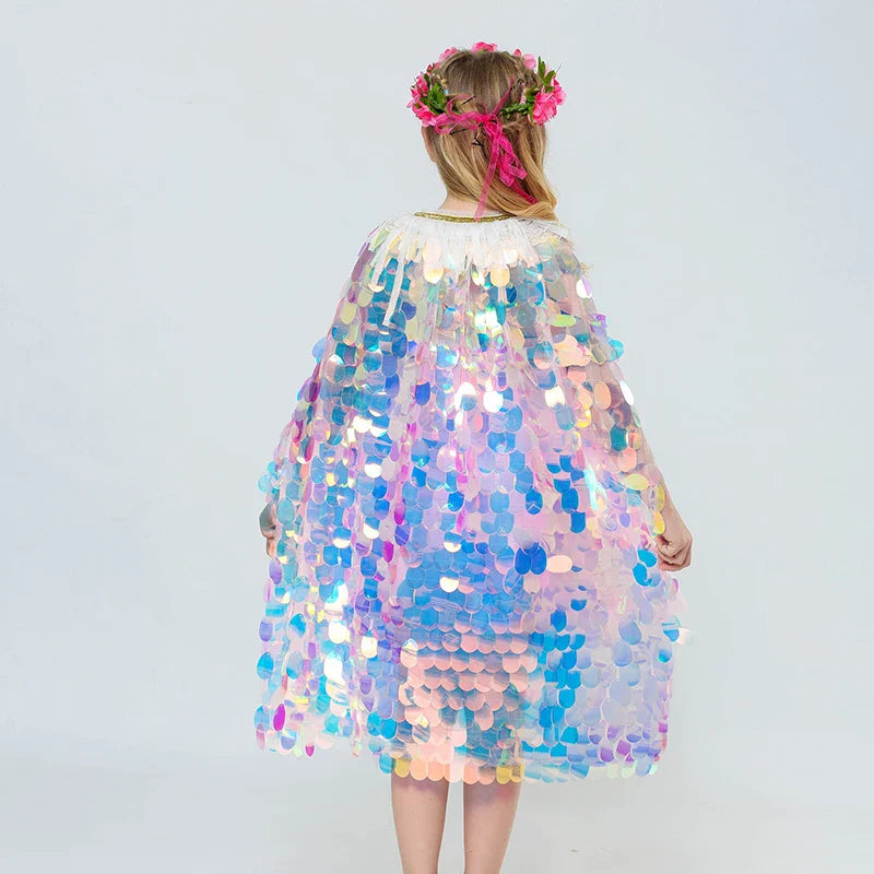 Fashion Glitter Multicolor Sequins Shawl Shiny Girls Cloak Blingbling Fairy Princess Cape Christmas Party Halloween Kids Clothes-Dollar Bargains Online Shopping Australia