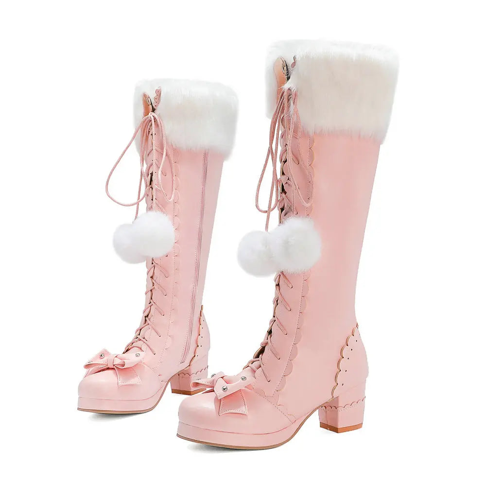 Lolita High Boots Winter Warm Fur Neck Girls Cosplay Party JK Princess Shoes Lace Up Bowtie Chunky Heel Side Zipper PU Leather-Dollar Bargains Online Shopping Australia