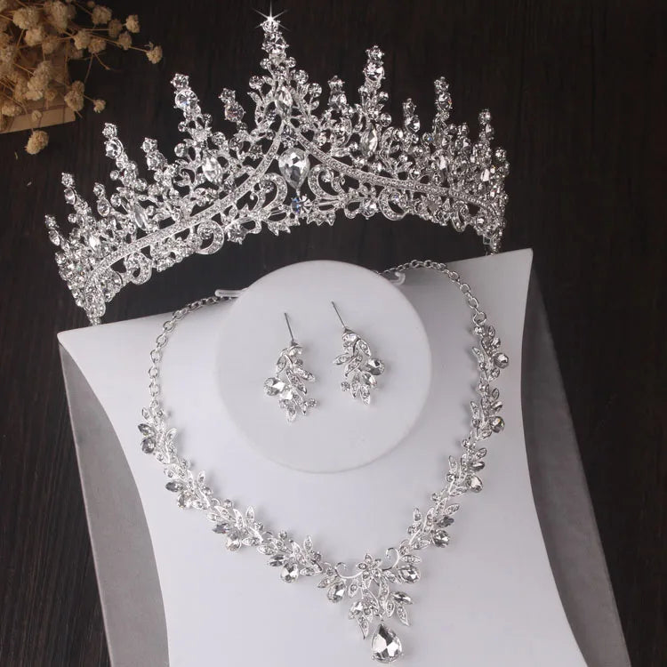 Silver Color Crystal Bridal Jewelry Sets Fashion Tiaras Crown Earrings Choker Necklace Women Wedding Dress Jewelry Set-Dollar Bargains Online Shopping Australia