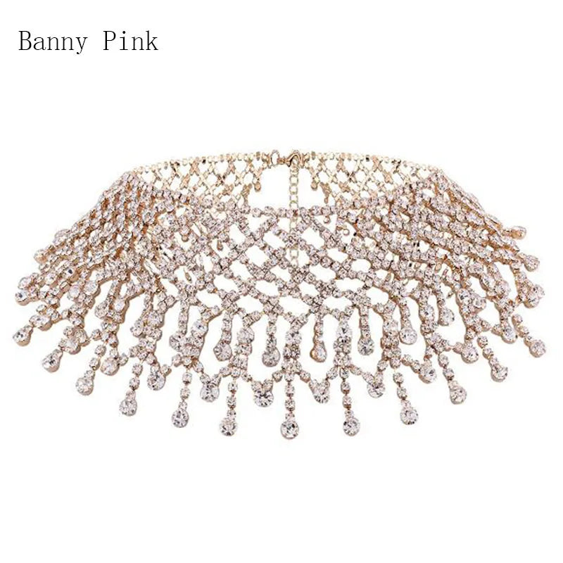 luxury Rhinestone Chain Choker Necklace For Women Elegant Full Crystal Tassel Choker Collar Fashion Bridal Jewelry