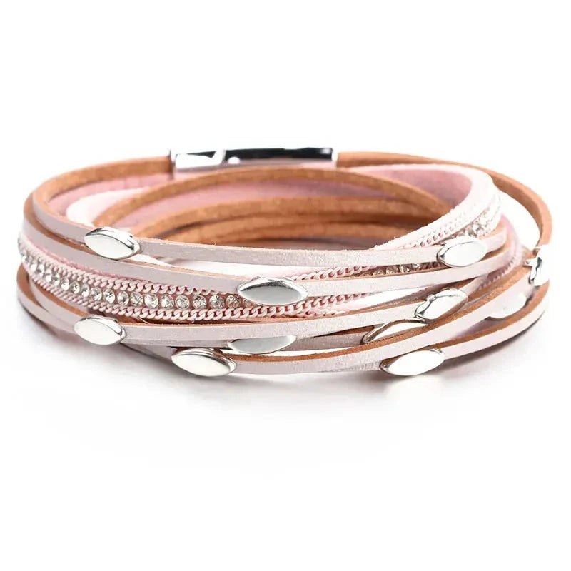 Leaf Charm Pink Leather Bracelets for Women Men Crystal Chain Boho Multilayer Wrap Bracelet Femme Jewelry-Dollar Bargains Online Shopping Australia