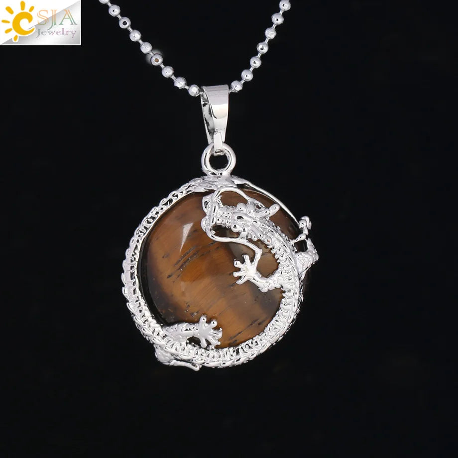 Necklace Dragon Pendants Women Natural Stone Purple Crystal Pink Quartz Tiger Eye Lava Rock Flat Round Beads-Dollar Bargains Online Shopping Australia