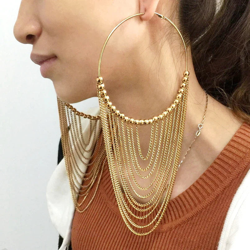 Circular Metal Long Tassel Earrings For Women Indian Jewelry Chain Dangle Earrings Gold Color Ball-Dollar Bargains Online Shopping Australia