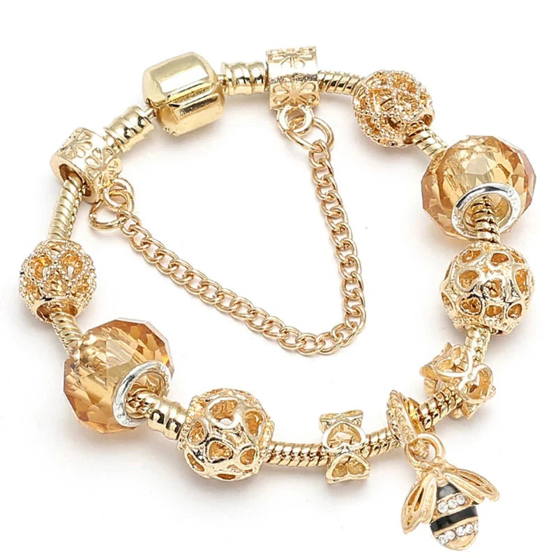 Luxury Crystal Bees Gold Color Charm Bracelet For Girl Murano Glass Beads Fine Bracelet For Women Couple DIY Jewelry Gift-Dollar Bargains Online Shopping Australia