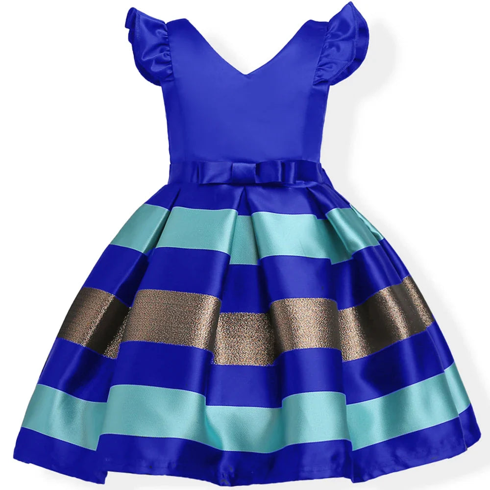 Girls Striped Flying Sleeve Bow Knot Colored Dress Birthday Party Wedding Flower-Dollar Bargains Online Shopping Australia